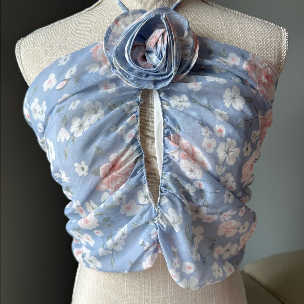 Floral Halter Neck Blouse - Blue and Pink